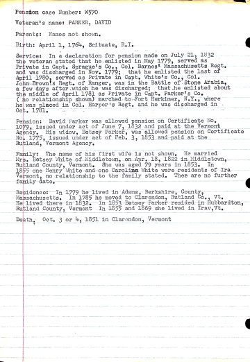 PARKER, David (b. 1764 R.I. d. 1851 Clarendon) pension application 1832